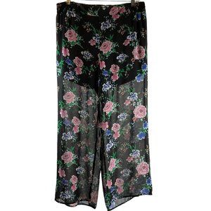 Torrid Palazzo Pants Women's Sz 1 Black Floral Chiffon Wide Leg Elastic Waist